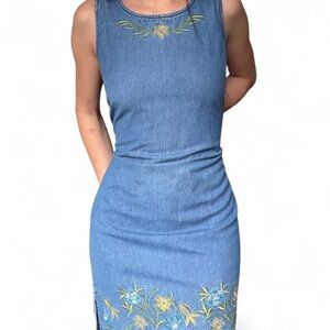 Sleeveless Blue Embroidered Denim Midi Dress